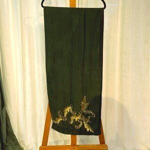 Vintage Green Silk Scarf with Gold Details